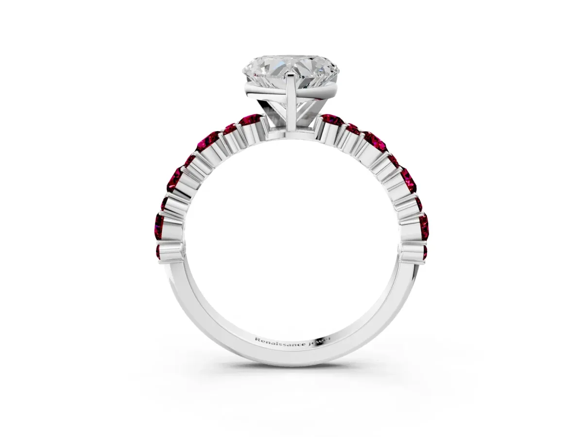 Heart Cut Diamond Side Stone Solitaire Ring with Round Garnet and Four-Prong Setting Platinum