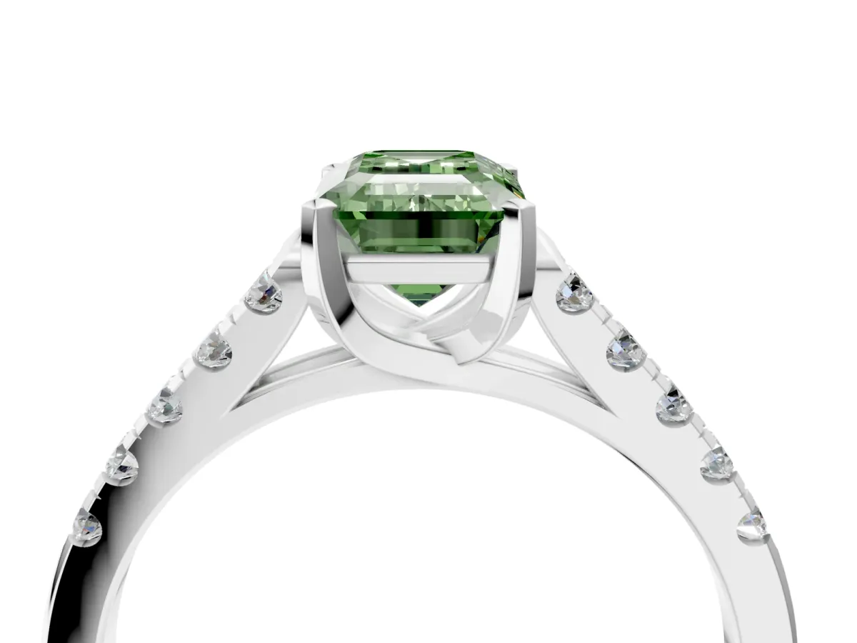 Fancy Green Emerald Cut Diamond Pavé Band Solitaire Ring with Prong Setting Platinum