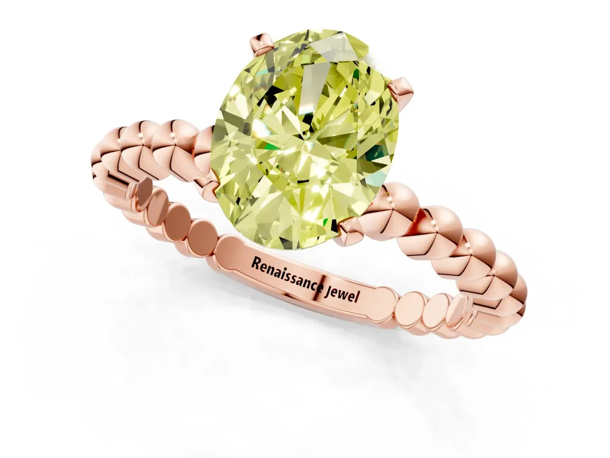 Fancy Yellow Oval Cut Diamond Solitaire Ring with Beaded Band and Prong Setting Rose gold