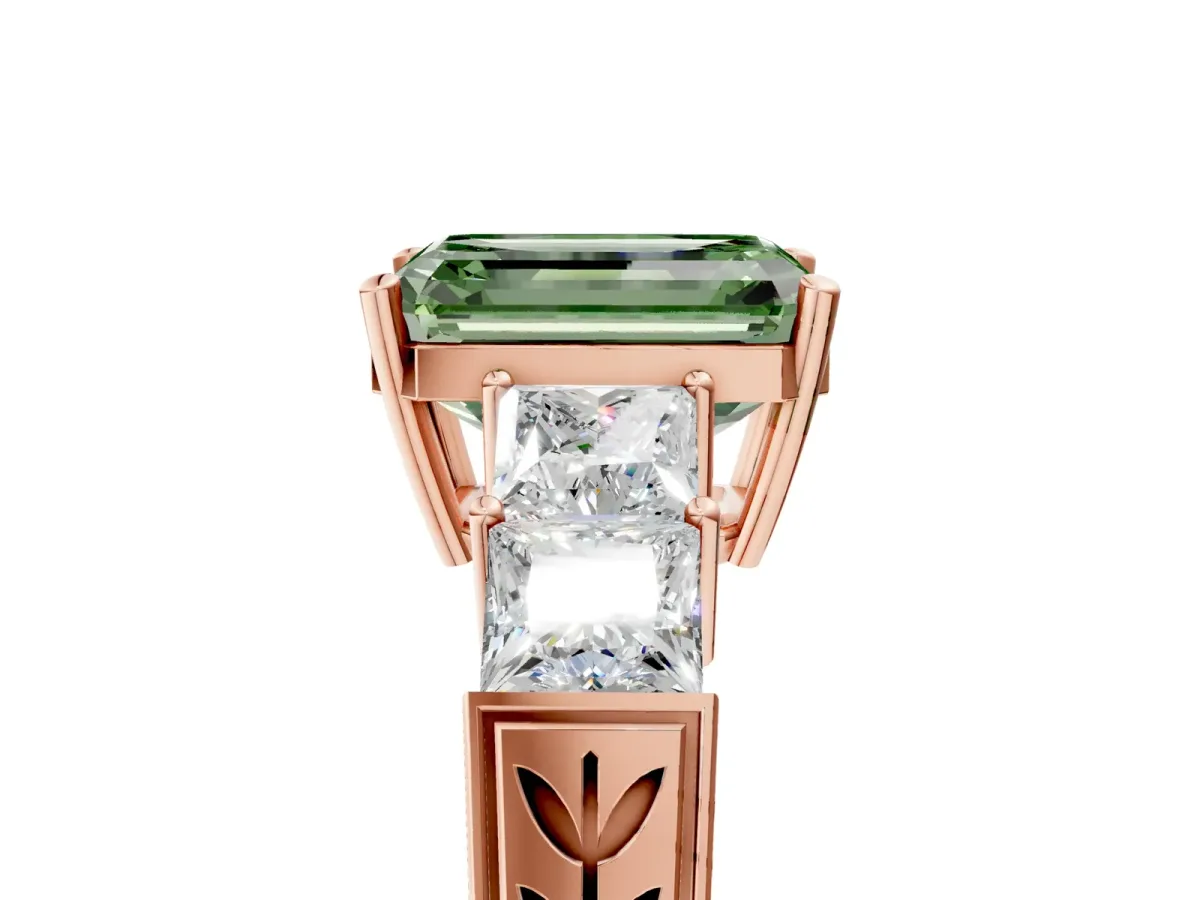 Fancy Green Emerald Cut Solitaire Princess Side Stone Engraved Band Prong Setting Ring Rose gold