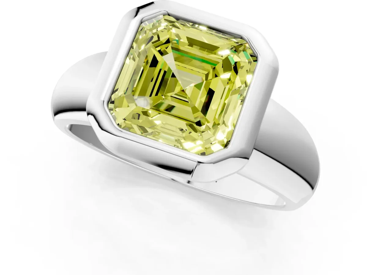 Fancy Yellow Bezel Set Asscher Cut Solitaire Ring with Wide Band Platinum