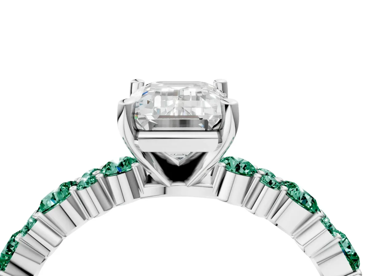 Emerald Cut Diamond Side Stone Solitaire Ring with Round Green Sapphire and Four-Prong Setting Platinum