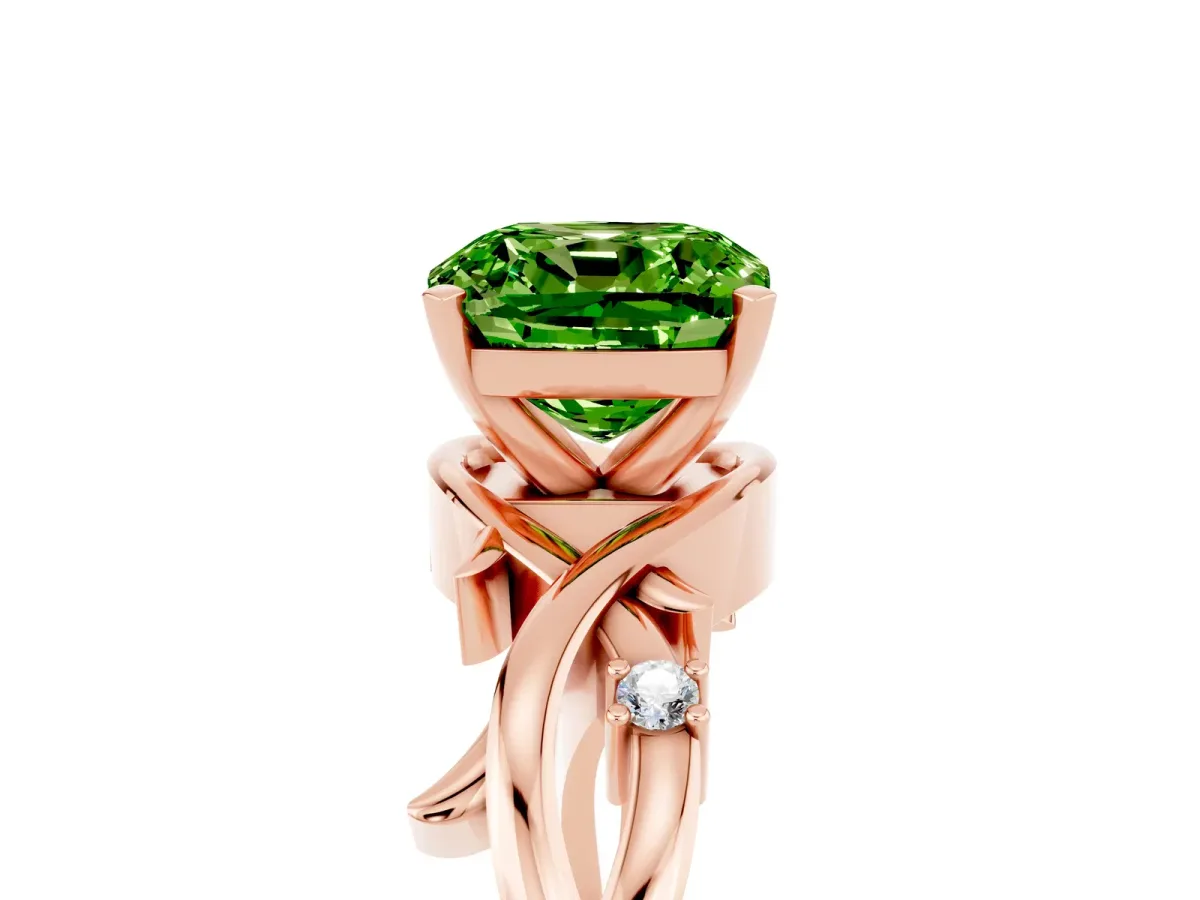 Cushion Cut Peridot Solitaire Ring with Twisted Band and Prong Setting Rose gold