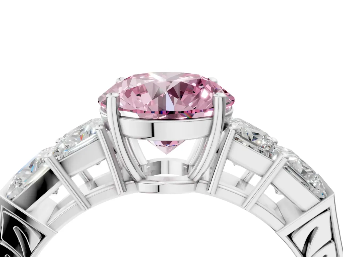 Fancy Pink Round Cut Solitaire Princess Side Stone Engraved Band Prong Setting Ring White gold