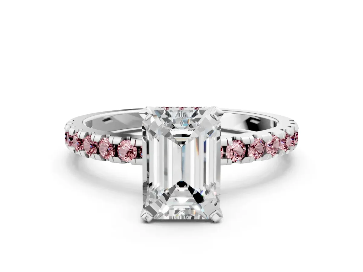 Emerald Cut Diamond Solitaire Ring with Round Morganite Pavé Band and Four-Prong Setting Silver