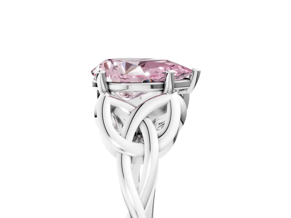 Fancy Pink Pear Cut Diamond Solitaire Engagement Ring with Celtic Knot Band and Four-Prong Setting Silver
