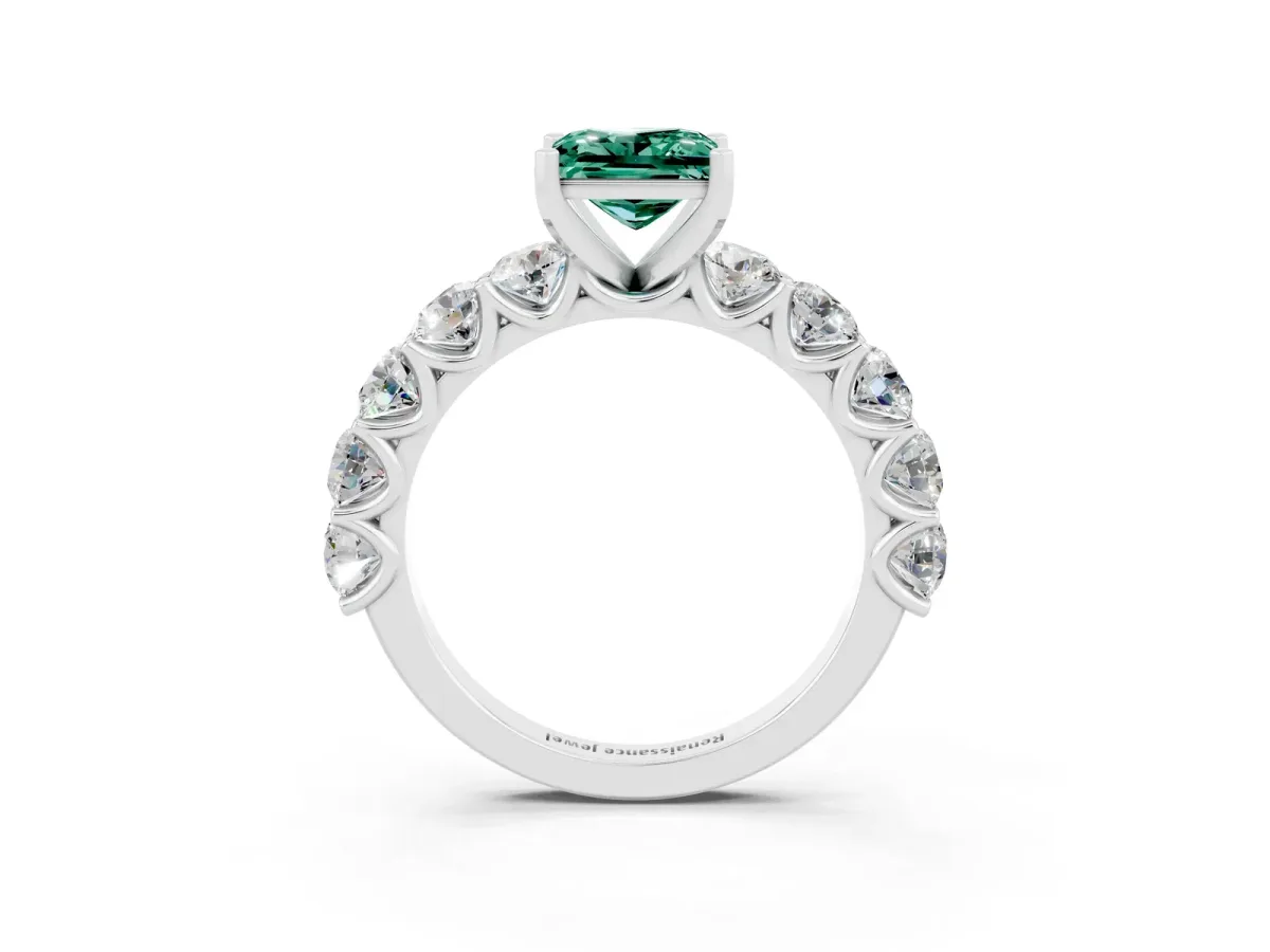 Princess Cut Green Sapphire Prong Setting with Side Stones on a Pave Band Silver