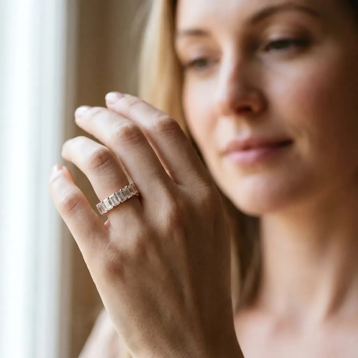 Emerald Cut Diamond Eternity Band with Shared Prong Setting Rose gold