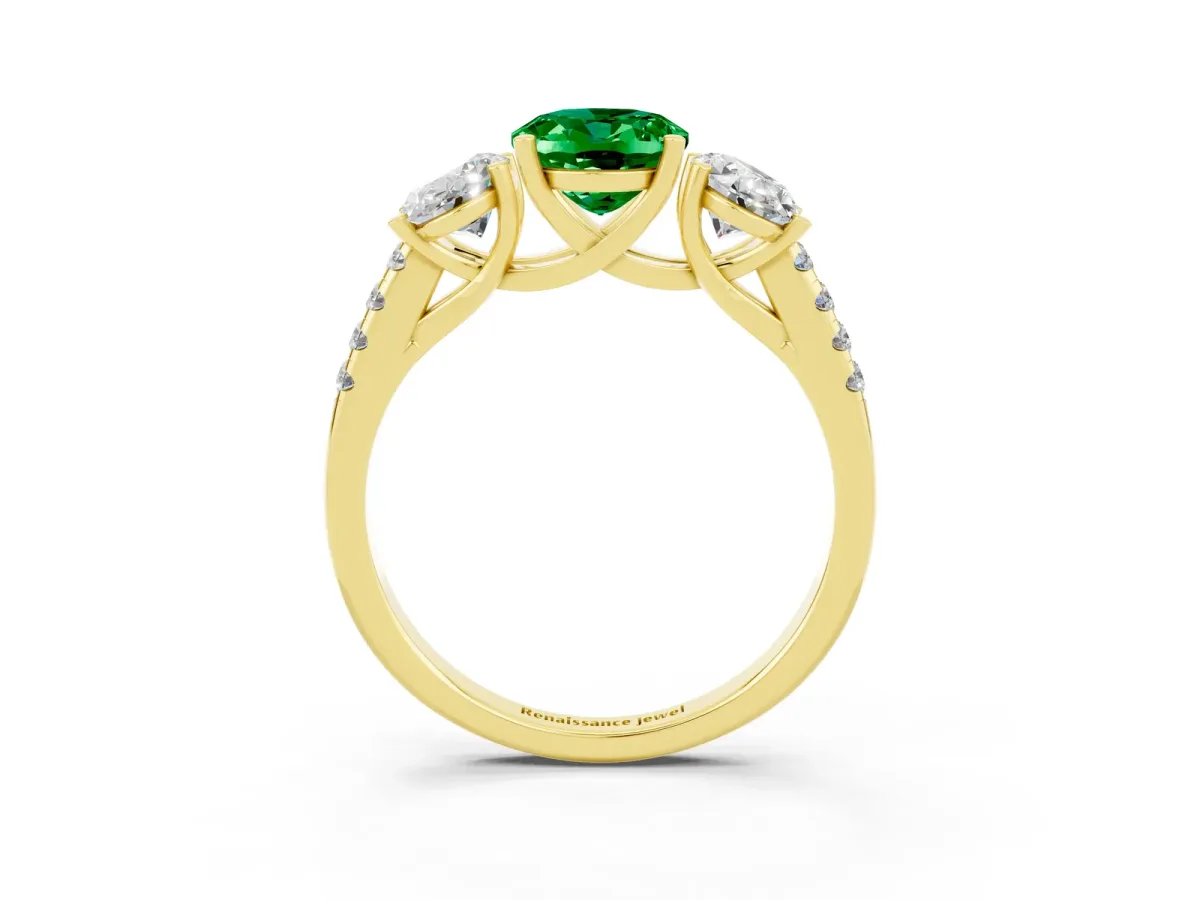 Three-Stone Oval Cut Emerald Ring with Round Pavé Band and Prong Setting Yellow gold