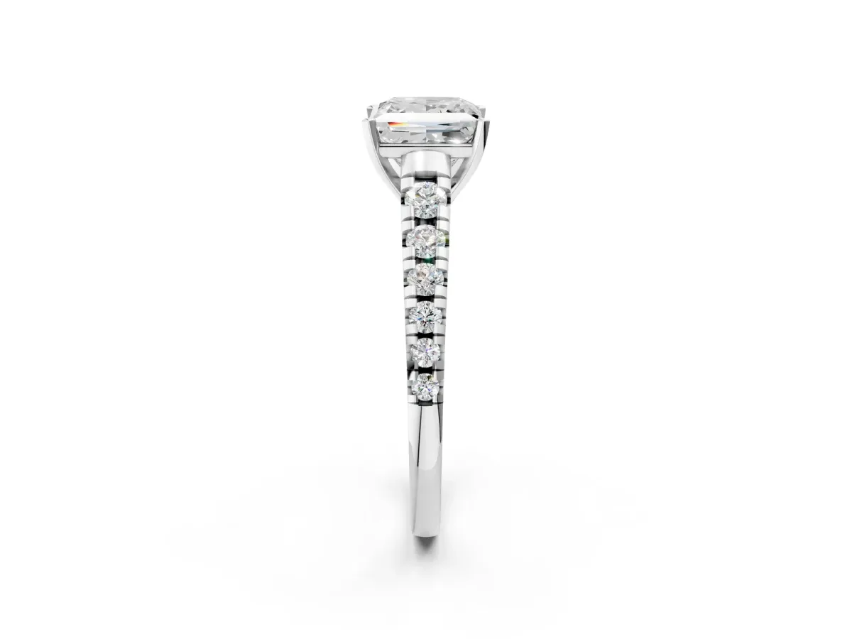 Princess Cut Diamond Cathedral Solitaire Ring with Round Moissanite Pavé Band Silver