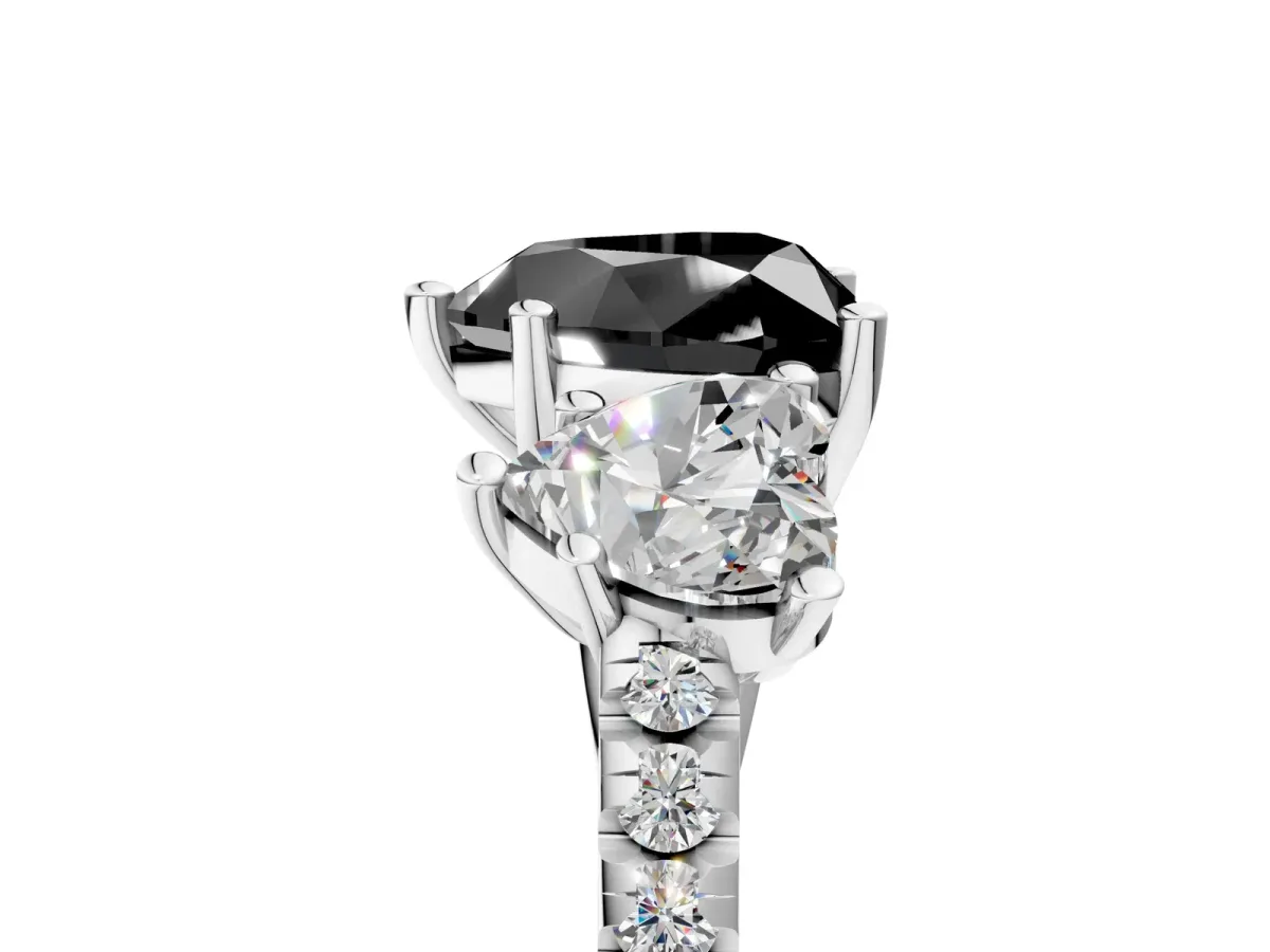 Fancy Black Three-Stone Heart Cut Diamond Ring with Round Pavé Band and Prong Setting Silver