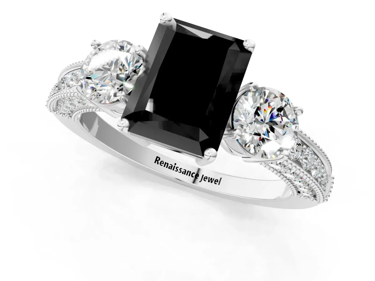 Fancy Black Radiant Cut Three-Stone Diamond Ring with Pavé Band and Four-Prong Setting Platinum