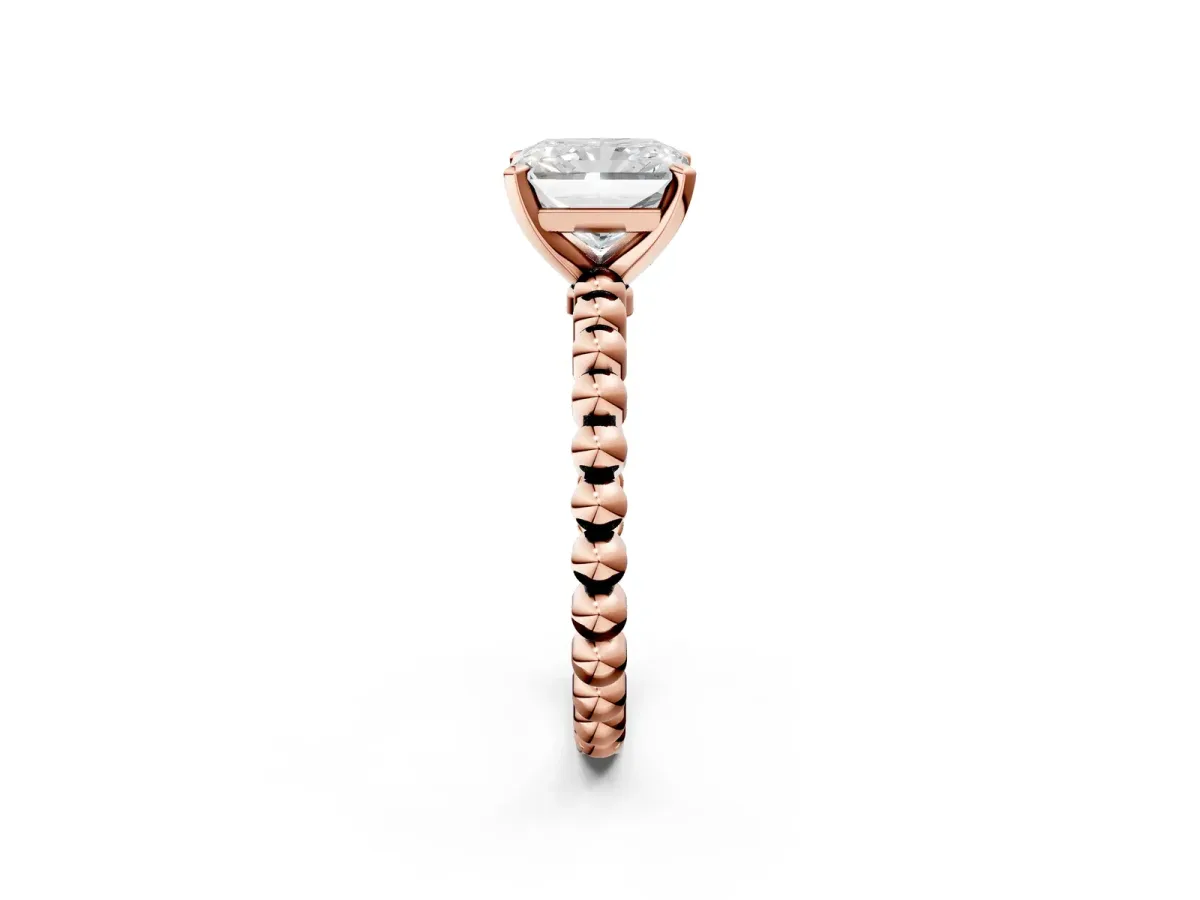 Radiant Cut Diamond Solitaire Ring with Beaded Band and Prong Setting Rose gold