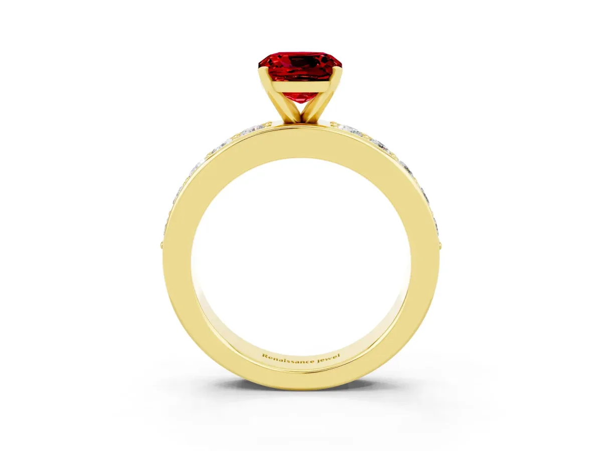 Cushion Cut Ruby Engagement Ring with Channel Set Round Band and Prong Setting Yellow gold