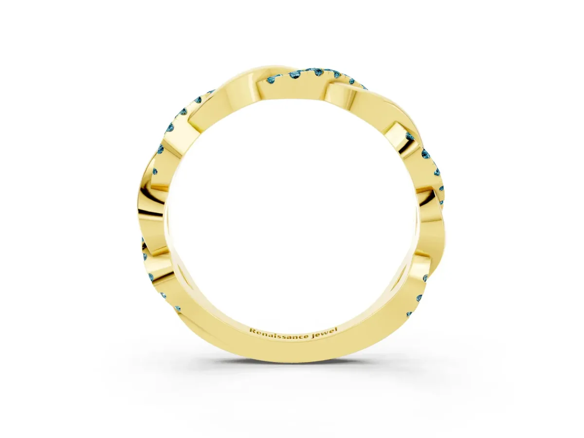 Pavé Round Blue Topaz Twist Eternity Band with Shared Prong Setting Yellow gold
