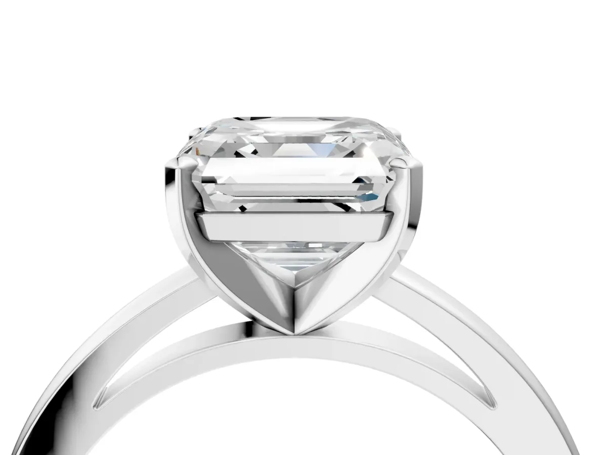 Asscher Cut Solitaire Diamond Engagement Ring with Four-Prong Setting on a Classic Band Platinum