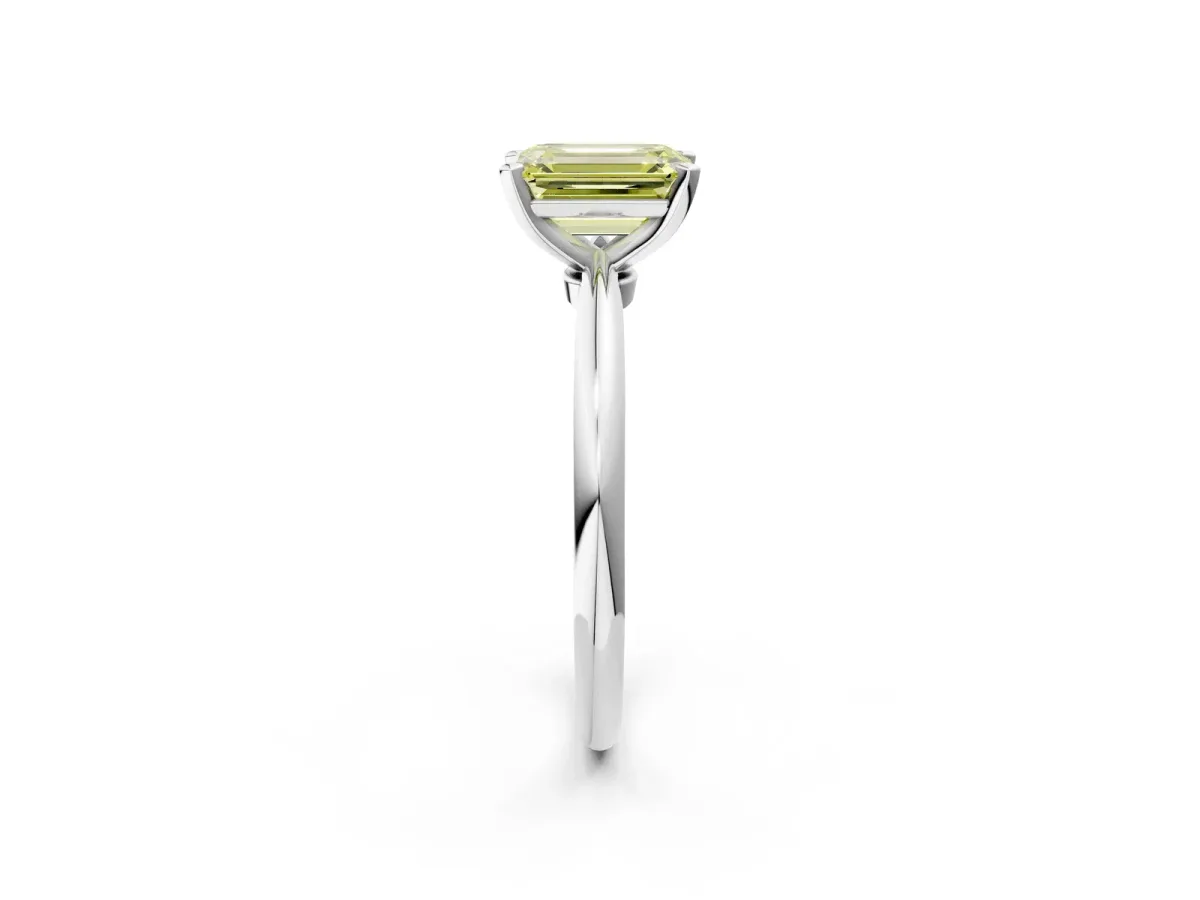 Fancy Yellow Emerald Cut Diamond Solitaire Ring with Six-Prong Setting and Classic Band Silver