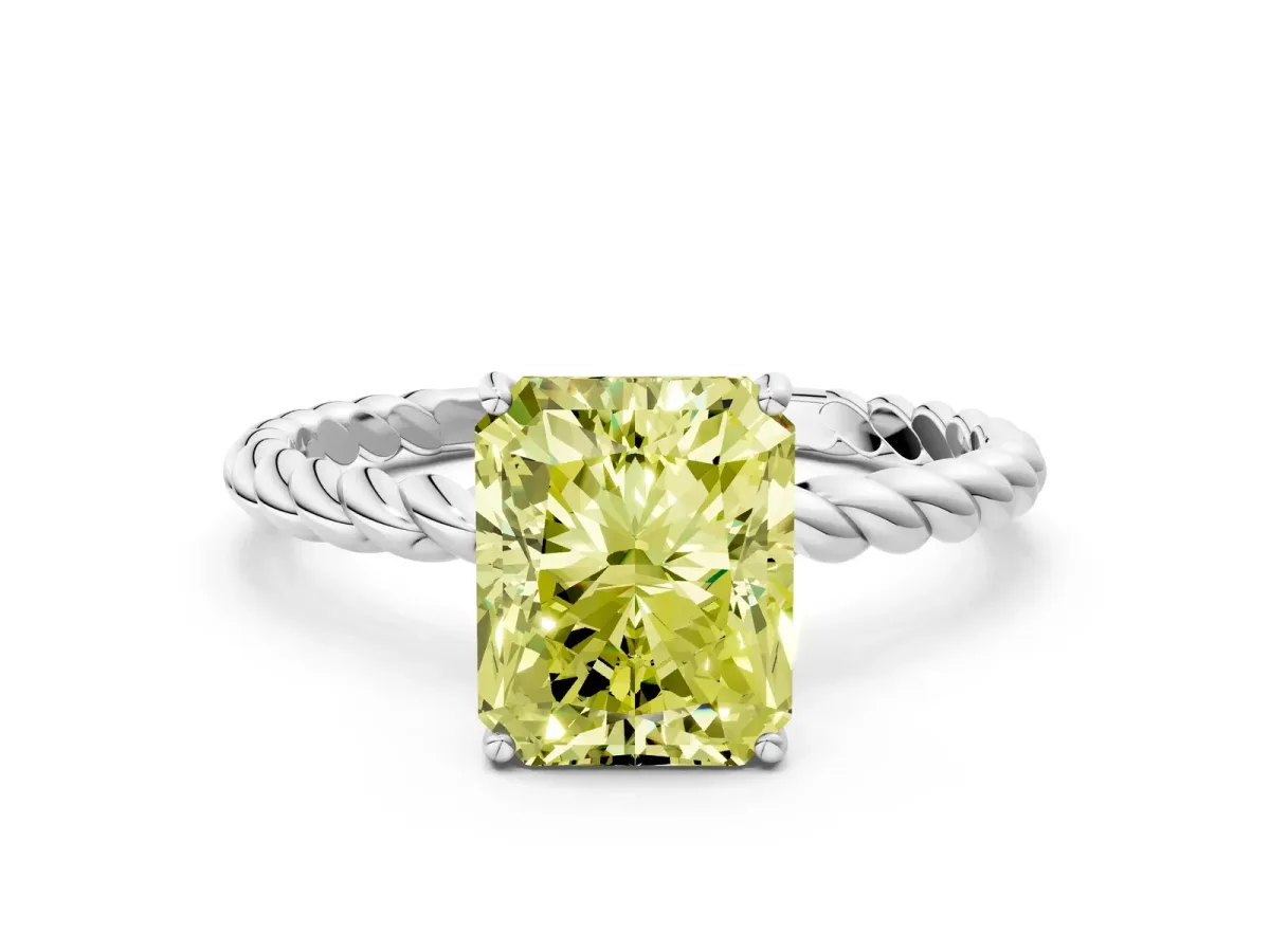 Fancy Yellow Radiant Cut Solitaire Twisted Band 4-Prong Ring Platinum