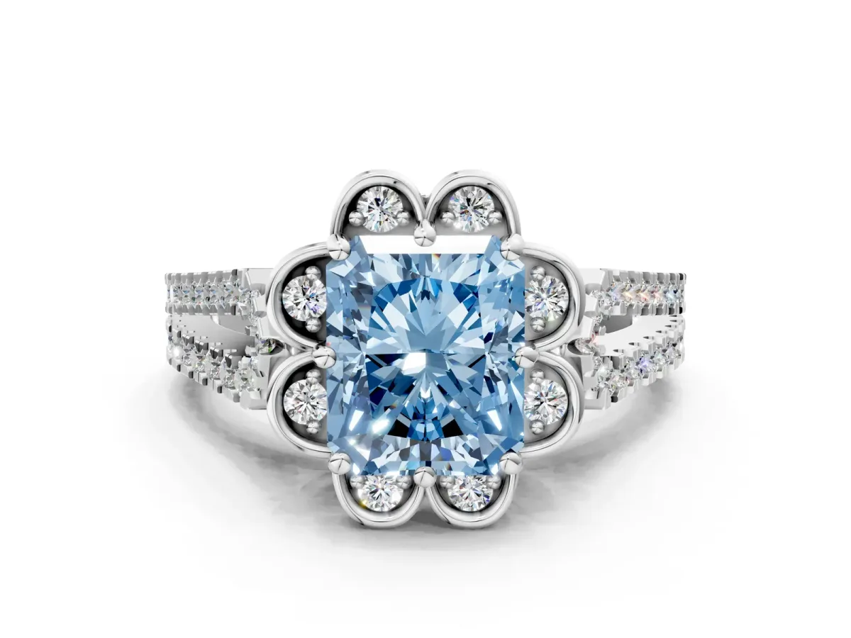 Fancy Blue Radiant Cut Halo Diamond Floral Split Shank Engagement Ring Platinum