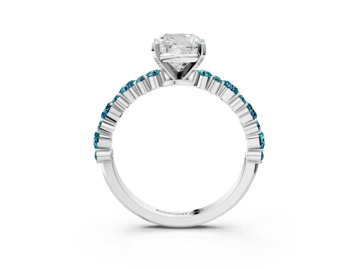 Cushion Cut Diamond Side Stone Solitaire Ring with Round Blue Topaz and Four-Prong Setting Platinum