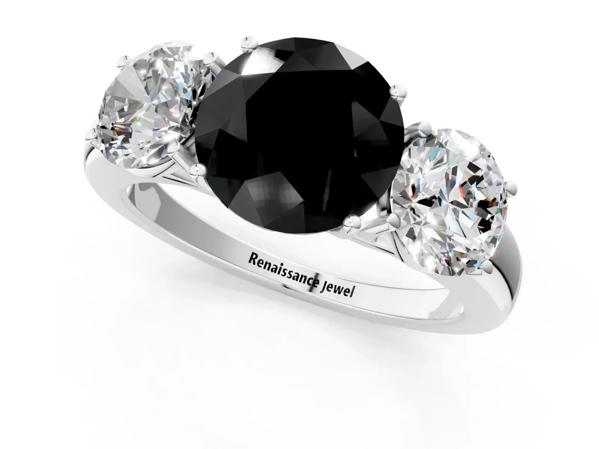 Fancy Black Round Cut Diamond Three-Stone Ring with Four-Prong Setting and Classic Band Platinum