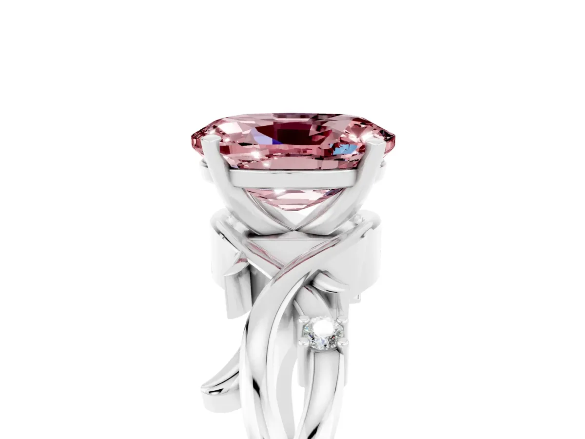 Oval Cut Morganite Solitaire Ring with Twisted Band and Prong Setting Platinum