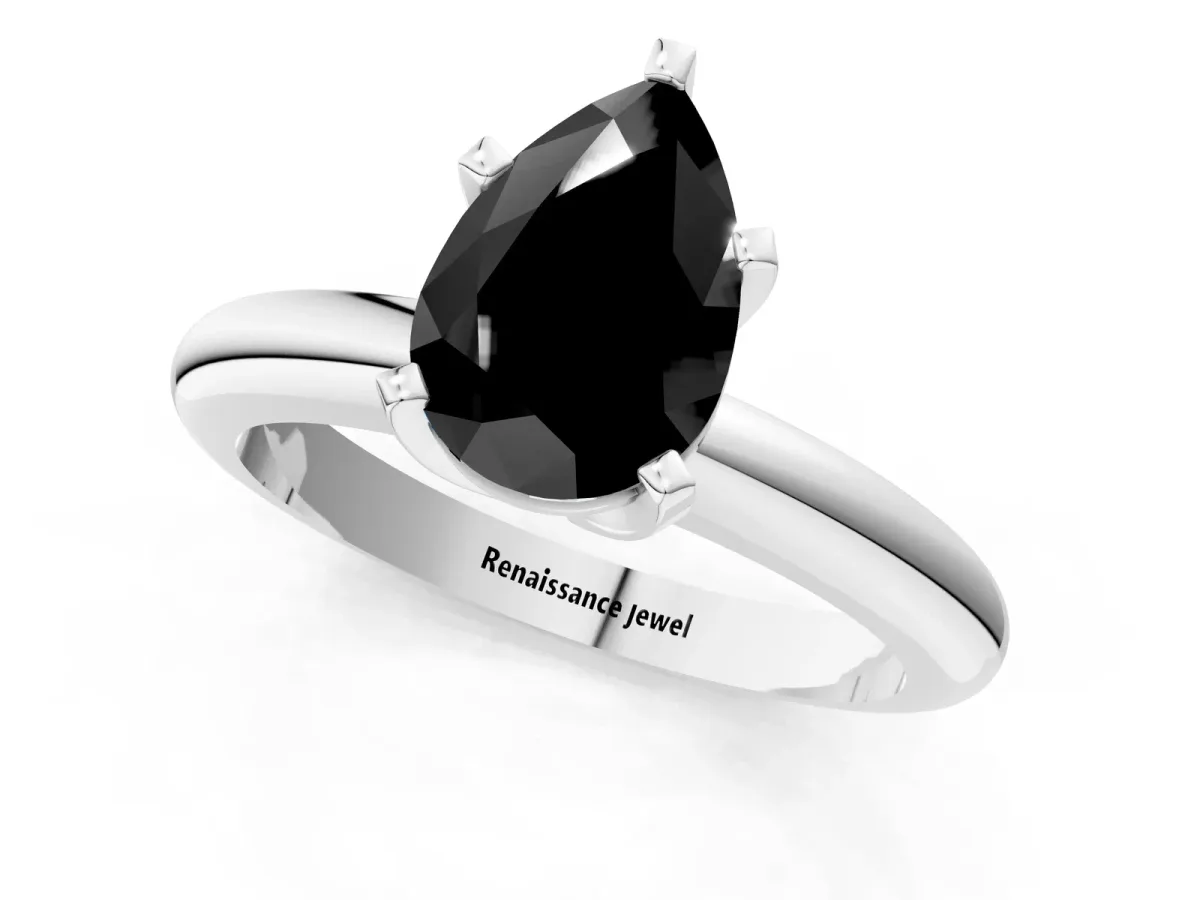 Fancy Black Pear Cut Diamond Solitaire Engagement Ring with Round Band and Four-Prong Setting Silver