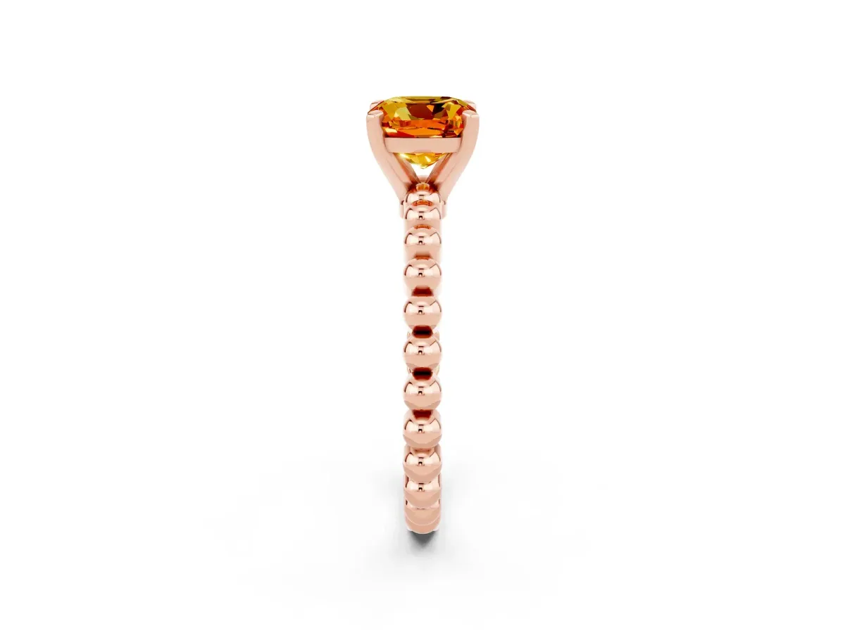 Cushion Cut Citrine Solitaire Ring with Beaded Band and Prong Setting Rose gold