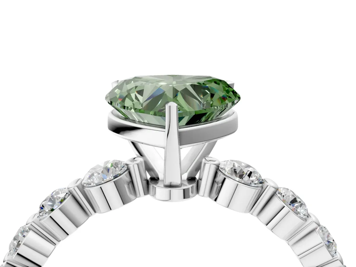 Fancy Green Heart Cut Solitaire Diamond Ring with Pave Band and Four-Prong Setting Silver