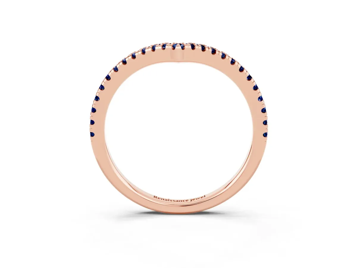 Pavé Round Blue Sapphire V-Shaped Chevron Band with Shared Prong Setting Rose gold