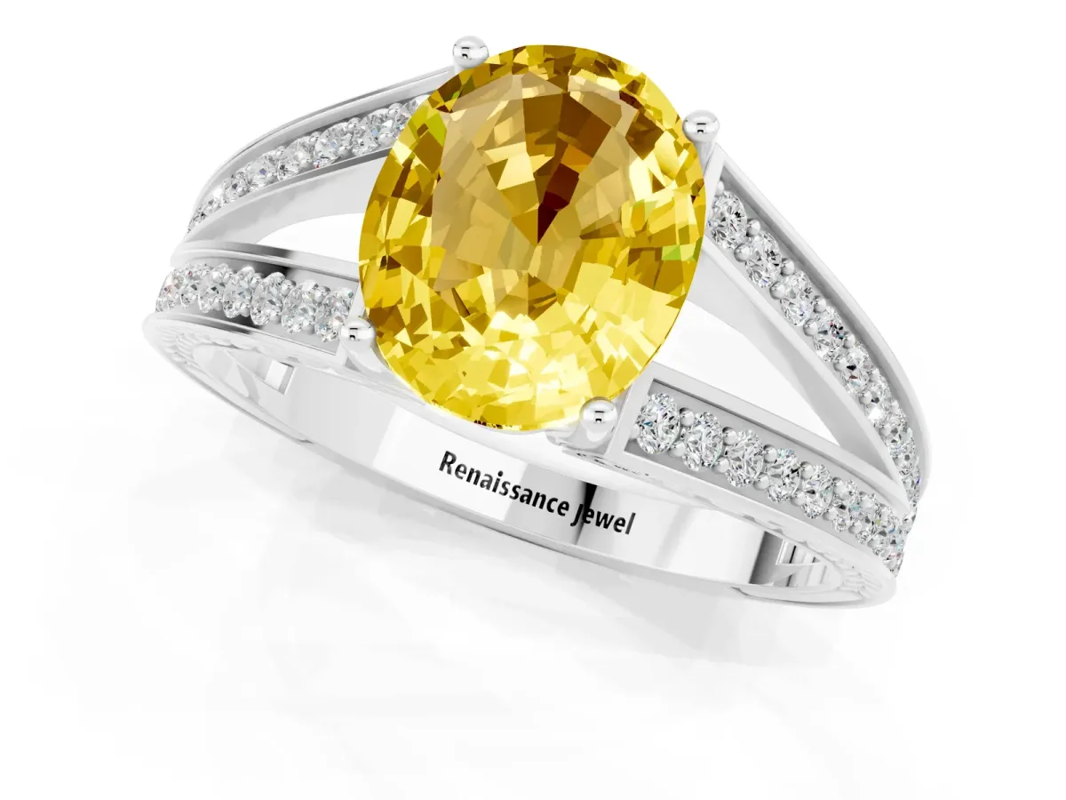 Oval Cut Yellow Sapphire Split Shank Ring with Pavé Band and Four-Prong Setting White gold