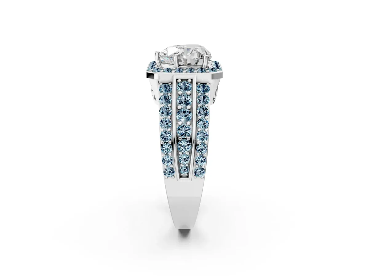 Heart Cut Halo Diamond Ring with Round Aquamarine Split Shank and Prong Setting Silver