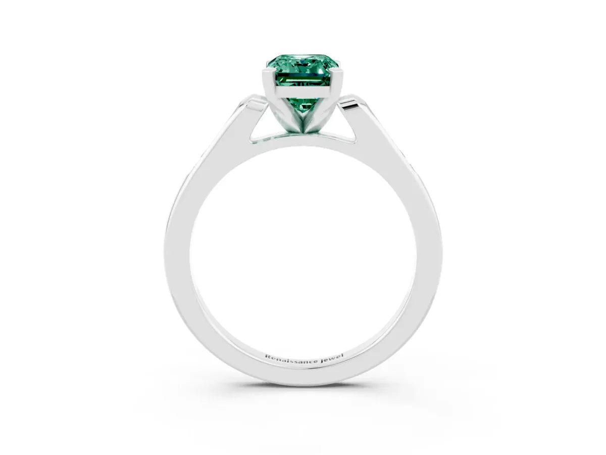 Emerald Cut Green Sapphire Solitaire Ring with Channel Set Round Band and Prong Setting Silver