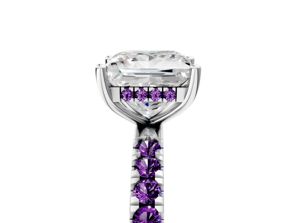Princess Cut Diamond Pave Band Solitaire Ring with Round Amethyst and Prong Setting Silver