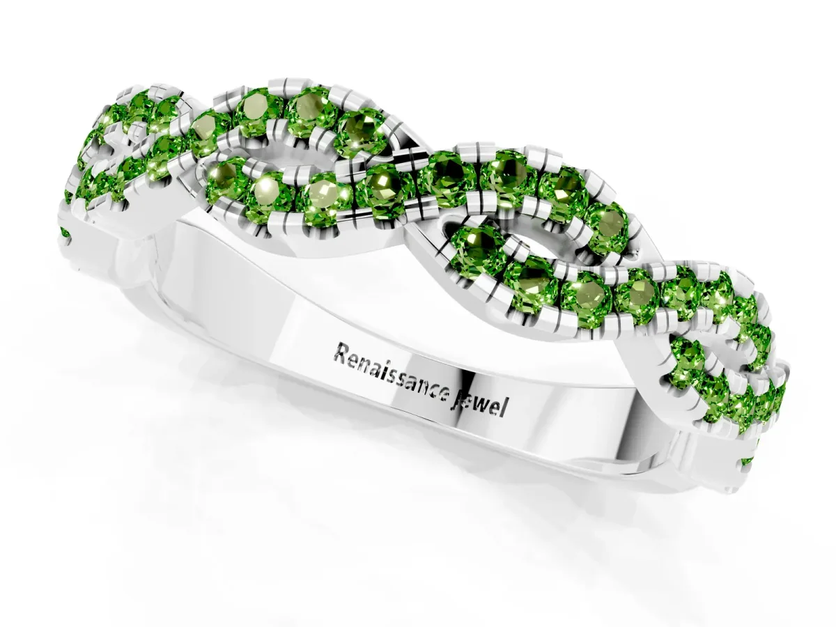 Round Peridot Twisted Eternity Band with Pavé and Shared Prong Setting Silver