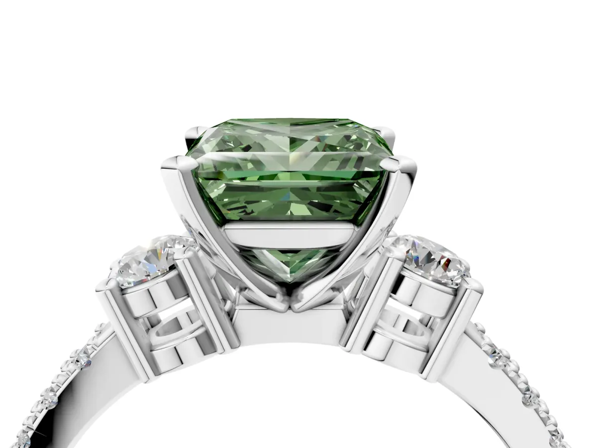 Fancy Green Princess Cut Cut Three-Stone Diamond Pavé Band with Prong Setting Platinum