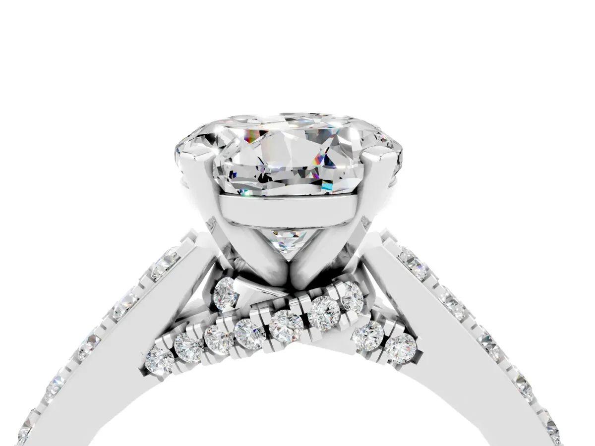 Round Cut Moissanite Solitaire Ring with Crossover Gallery and Round Pavé Band Silver