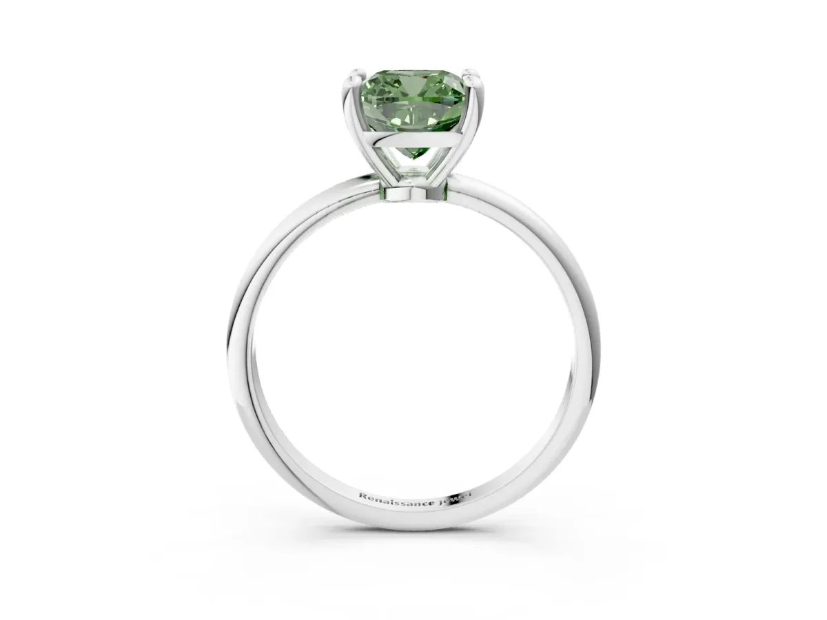 Fancy Green Cushion Cut Solitaire Diamond Ring with 4-Prong Setting on a Classic Band Silver