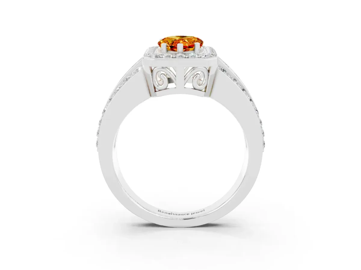 Pear Cut Halo Citrine Ring with Round Split Shank and Prong Setting Silver
