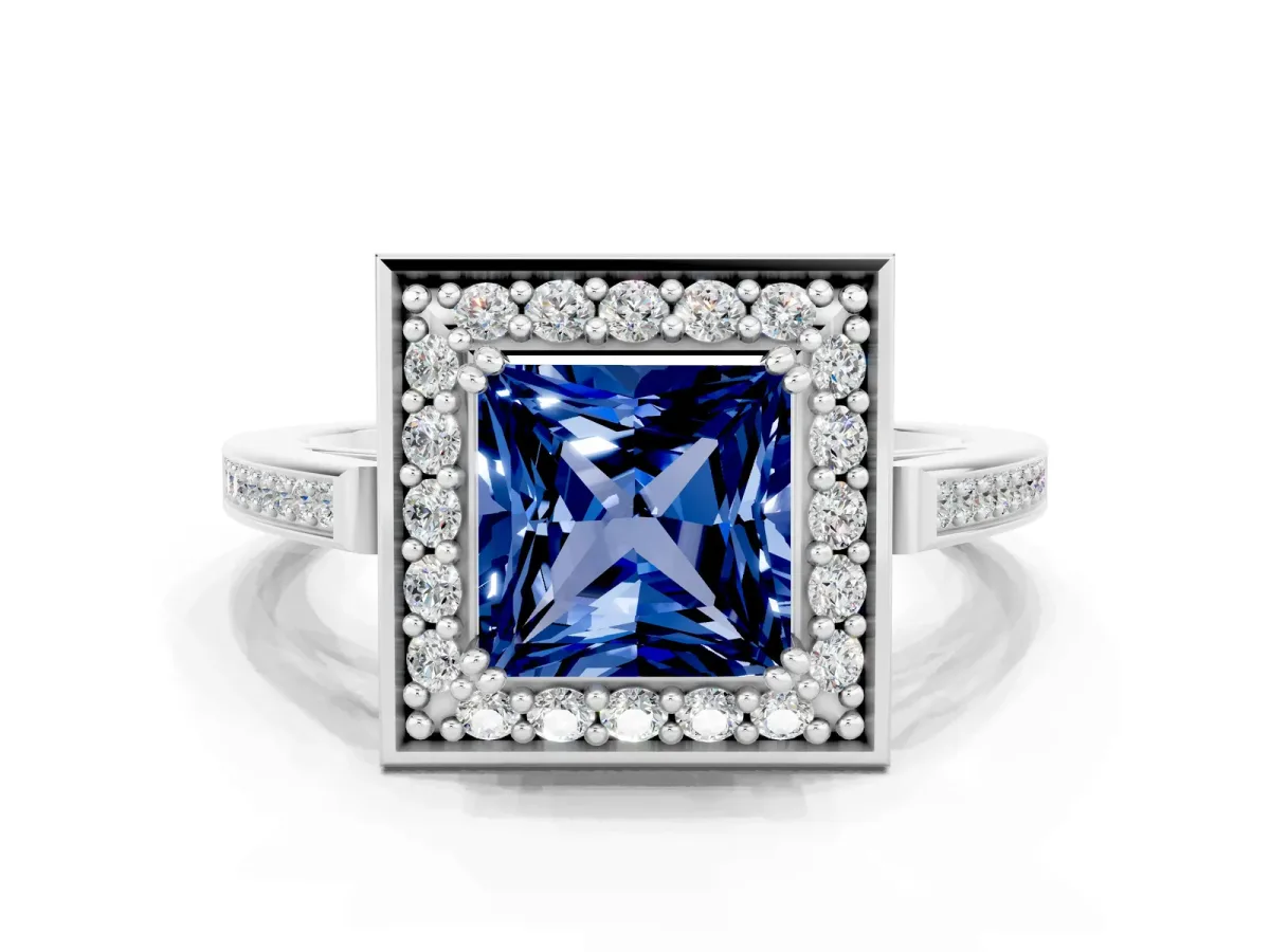 Princess Cut Blue Sapphire Halo Ring with Split Shank and Four-Prong Setting Platinum