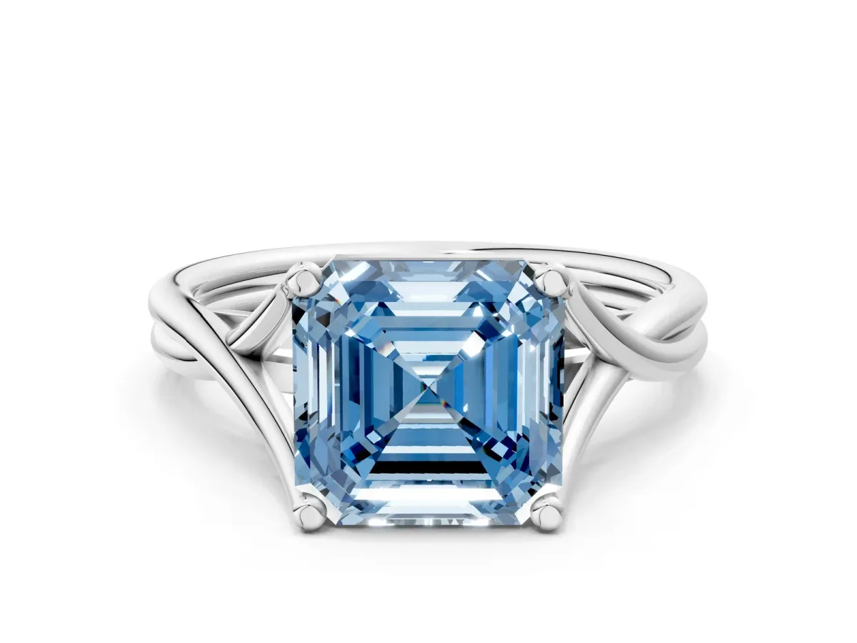 Fancy Blue Asscher Cut Diamond Solitaire Twist Band Prong Setting Ring Platinum