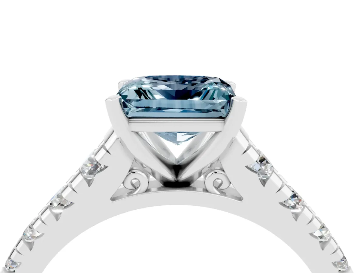 Princess Cut Aquamarine Cathedral Solitaire Ring with Round Pavé Band Silver
