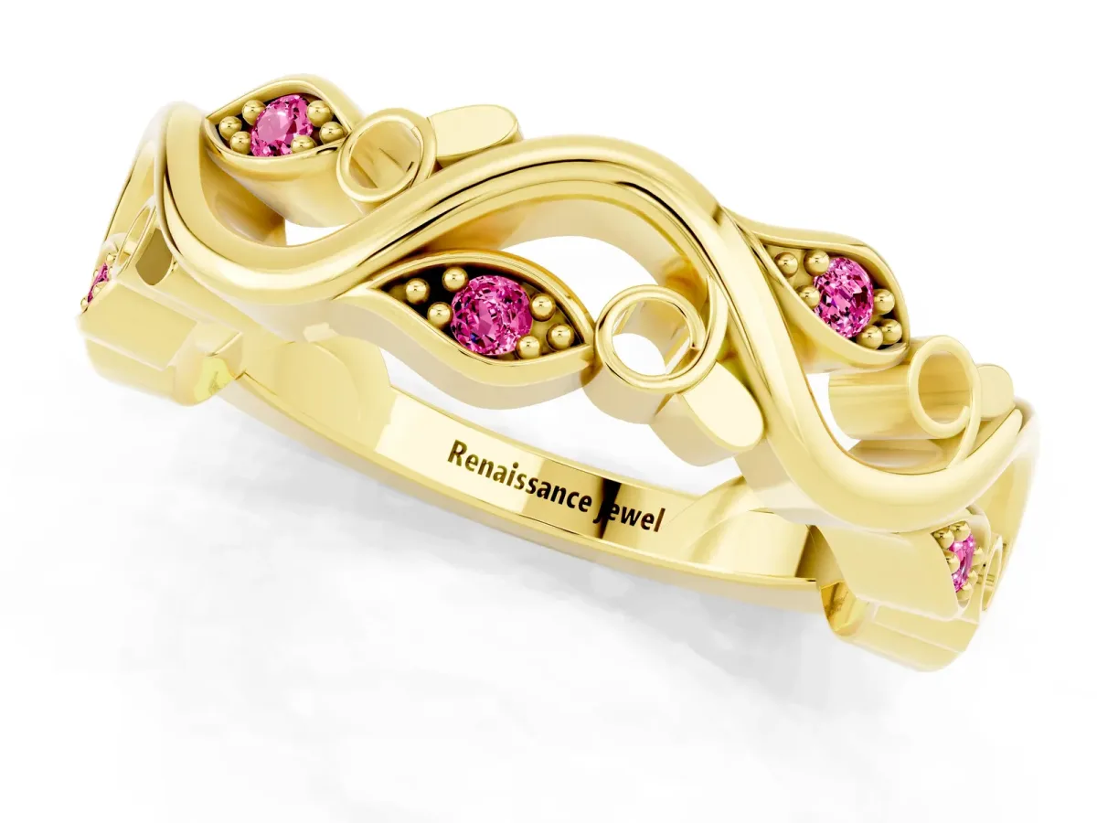 Marquise Pink Sapphire Vine Eternity Band with Bezel Setting Yellow gold