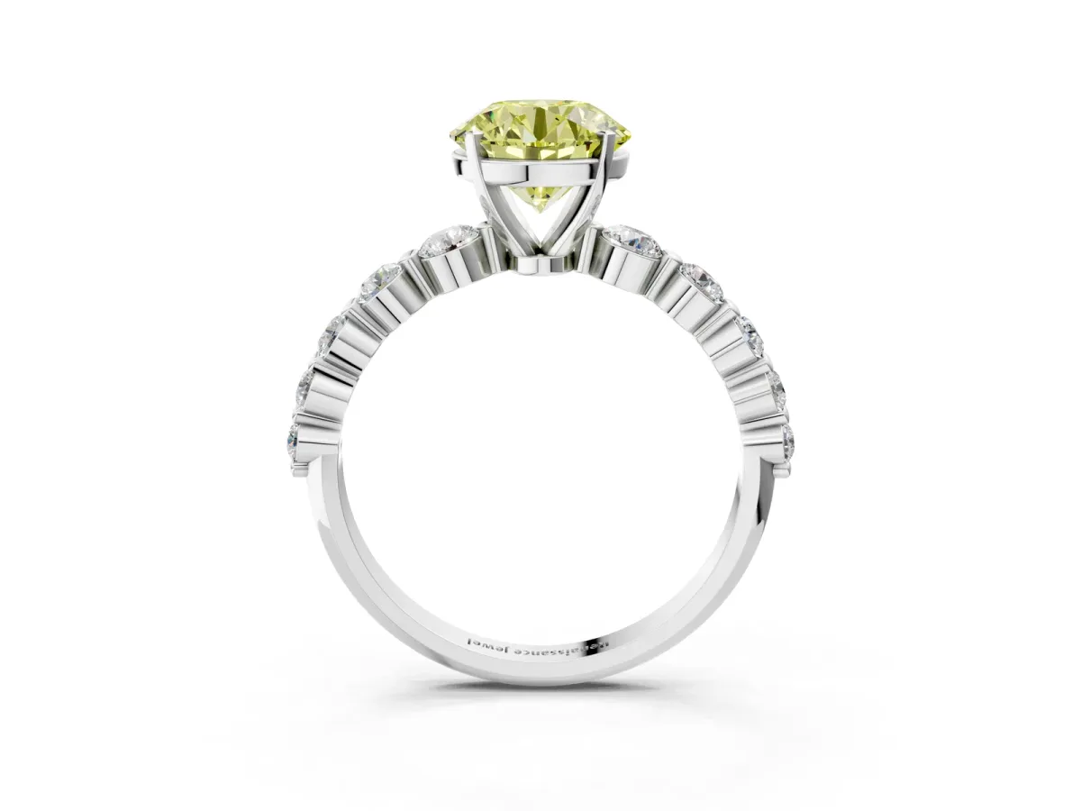 Fancy Yellow Round Cut Solitaire Diamond Ring with Pave Band and Four-Prong Setting Silver