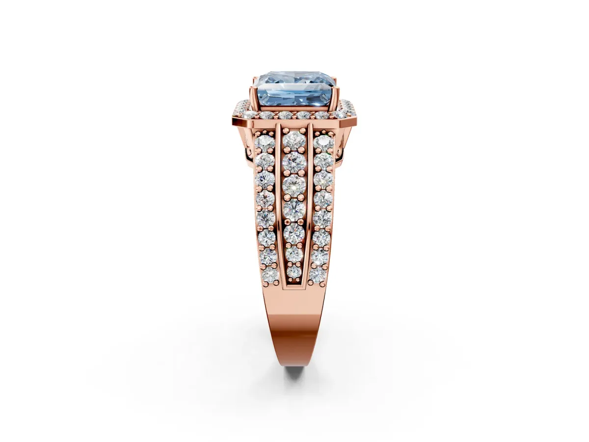 Fancy Blue Princess Cut Halo Diamond Ring with Round Split Shank and Prong Setting Rose gold