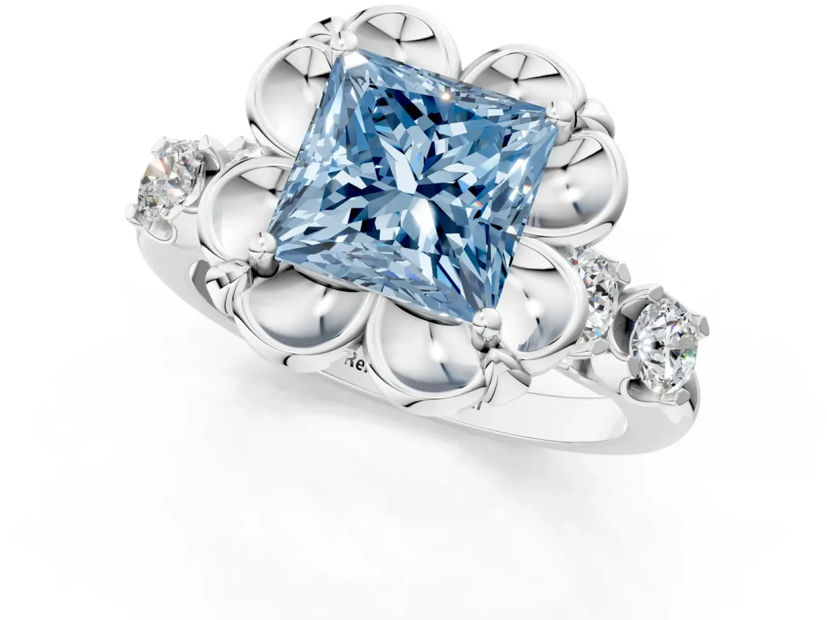 Fancy Blue Princess Cut Cut Diamond Floral Halo Engagement Ring with Shared Prong Setting Silver