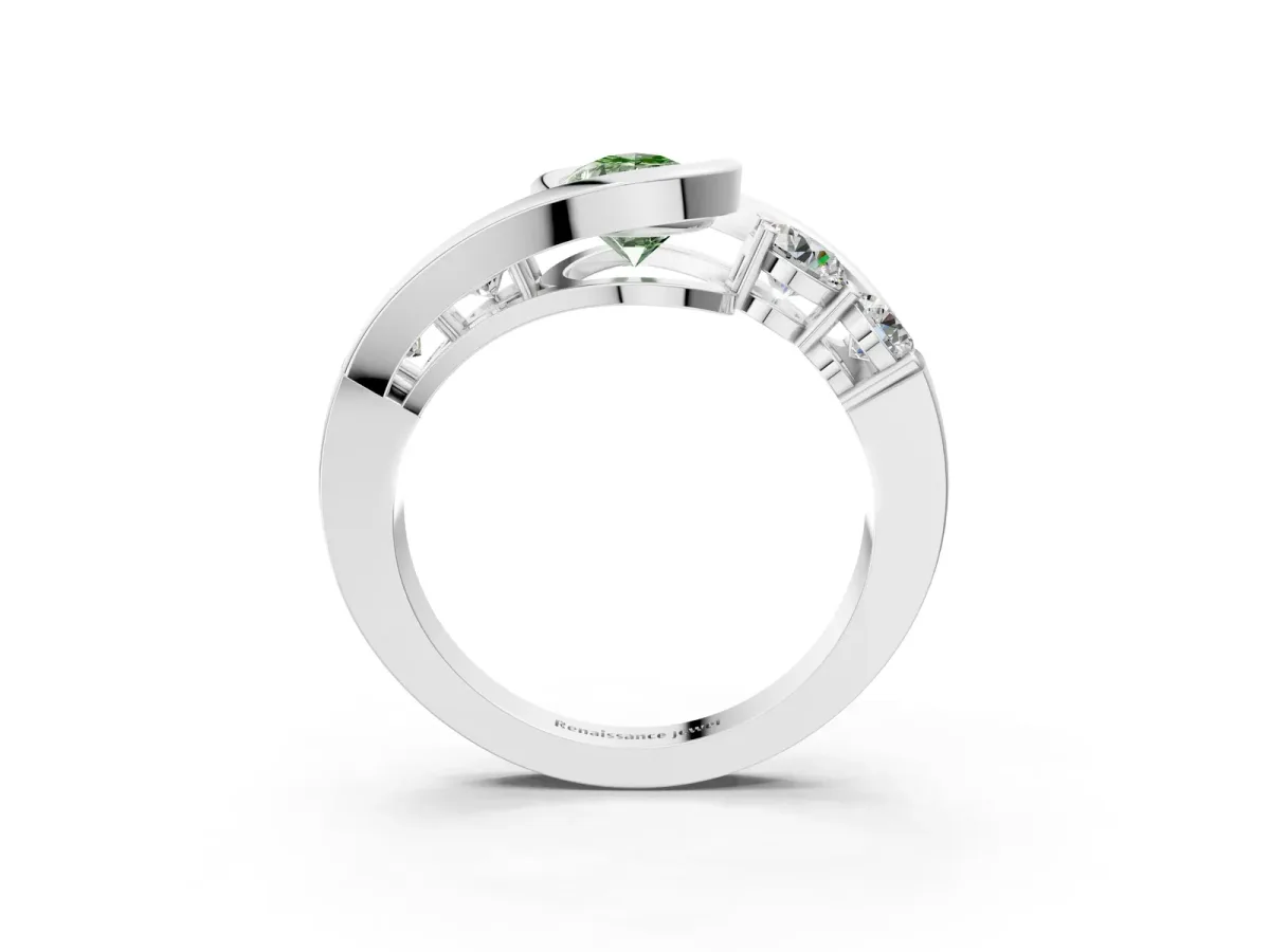 Fancy Green Bezel Set Pear Cut Diamond Bypass Ring with Round Accents Silver