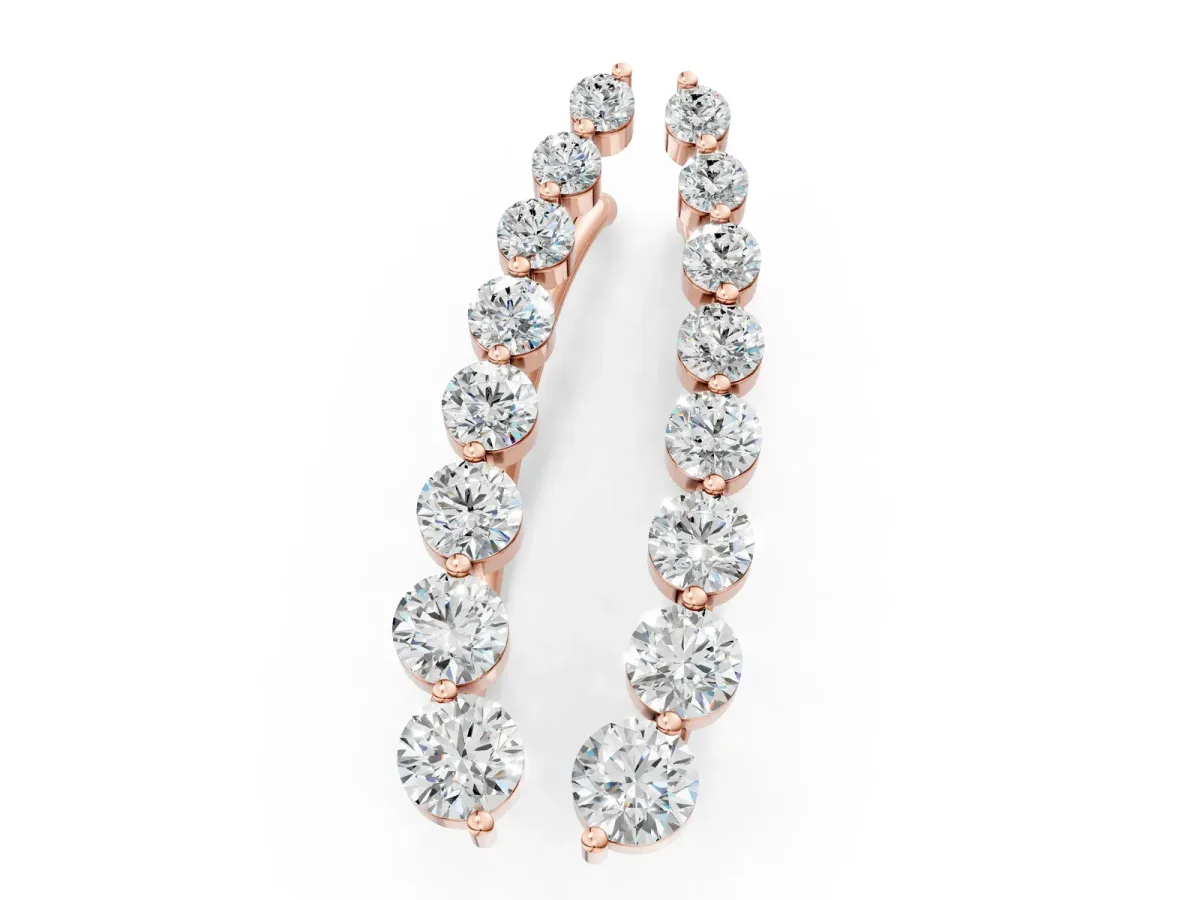 Round Diamond Climber Earrings with Prong Setting on Curved Band Rose gold