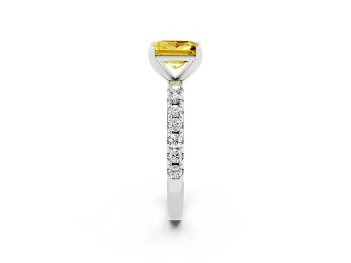 Princess Cut Yellow Sapphire Solitaire Pavé Band with Four-Prong Setting Silver