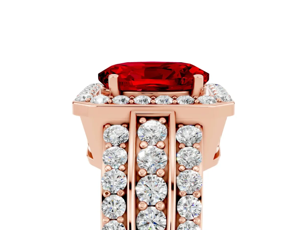 Oval Cut Halo Ruby Ring with Round Split Shank and Prong Setting Rose gold